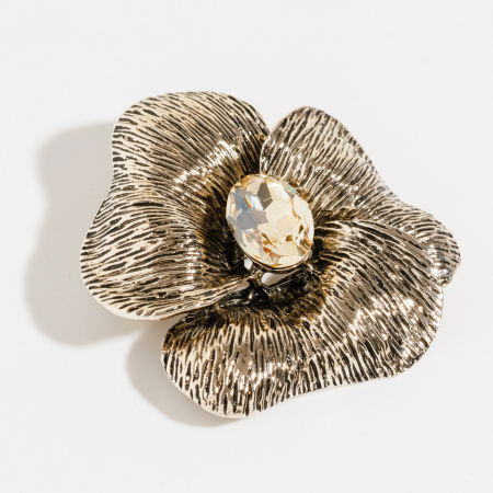 Broșe - Brosa pandant metalica argintie, floare cu piatra fatetata galbuie