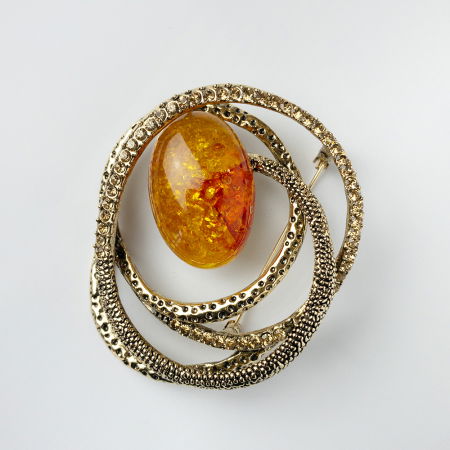 Broșe - Brosa pandant metalica aurie, model geometric cu chihlimbar sintetic