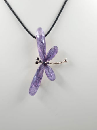 Brosa pandant metalica aurie, libelula fina cu aripi fatetate mov [4]