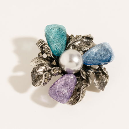 Brosa pandant metalica argintie, floare cu petale fatetate si perla [3]