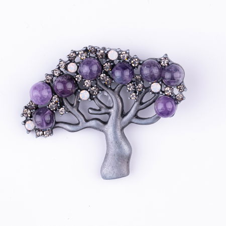 Broșe - Brosa pandant metalica Pomul Vietii argintiu mat cu pietre naturale de ametist