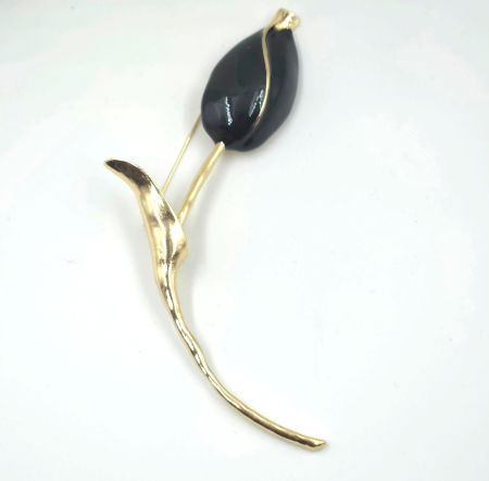 Broșe - Brosa statement lalea imbobocita, forma stilizata din metal  auriu cu negru