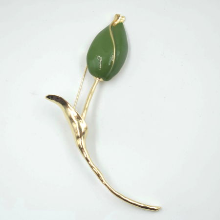Brosa statement lalea imbobocita, forma stilizata din metal  auriu cu verde [1]