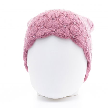 Caciula roz model tricotat cu fir de lurex si strasuri aplicate, captusita in interior [1]