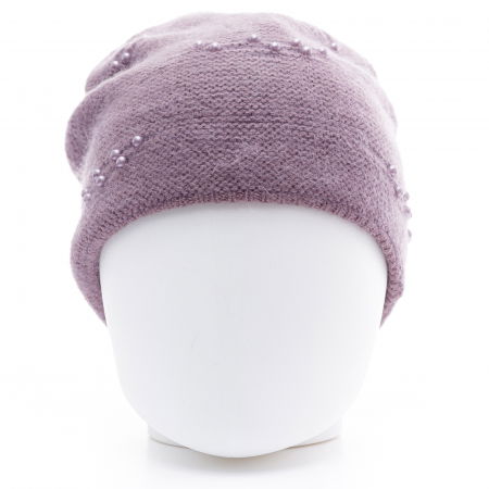 Caciula lila model tricotat cu perle fine aplicate, dublata in interior [1]