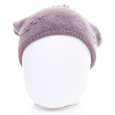 Caciula bej inchis model tricotat cu perle fine aplicate, dublata in interior [1]