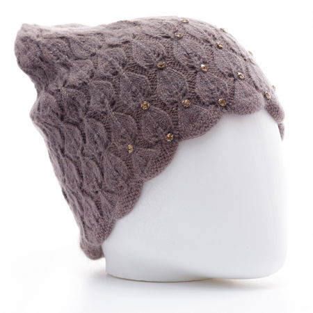 Căciuli - Caciula bej inchis model tricotat cu fir de lurex si strasuri aplicate, captusita in interior