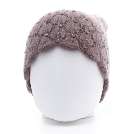 Caciula bej inchis model tricotat cu fir de lurex si strasuri aplicate, captusita in interior [1]