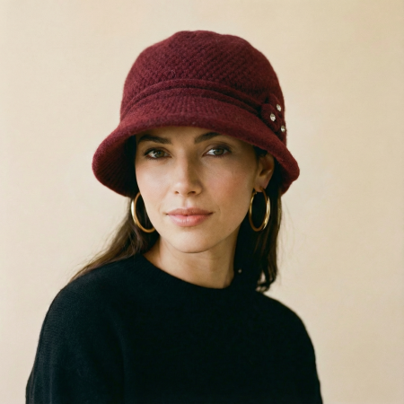 Pălarii de Iarnă - Caciula stil palarie bordo cu bor si decoratiune laterala argintie, captusita in interior