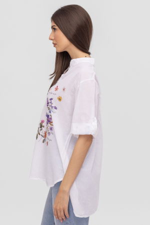 Camasa alba subtire, de vara, din batist de bumbac, cu imprimeu pene [1]