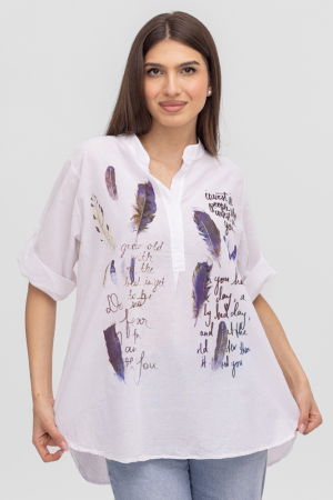 Cămăși din Bumbac - Camasa alba subtire, de vara, din batist de bumbac, cu imprimeu pene