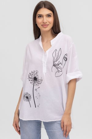 Cămăși din Bumbac - Camasa alba subtire, de vara, din batist de bumbac, cu imprimeu chip si papadii