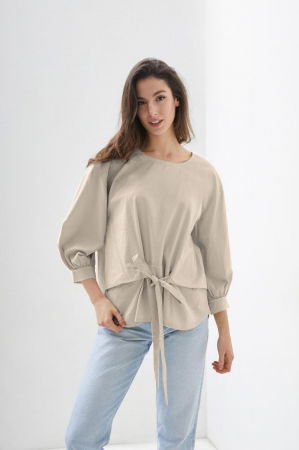 Bluze Casual - Camasa bej din poplin de bumbac cu funda in fata