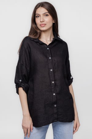 Cămăși din In - Camasa neagra lejera, din in cu dantela pe spate