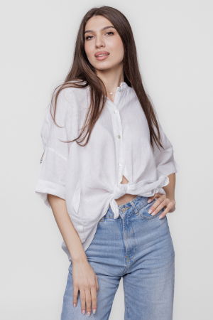 Îmbrăcăminte - Camasa alba, din in, cu guler tunica si nod in fata