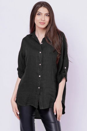 Cămăși din In - Camasa gri inchis lejera, din in cu fald pe spate