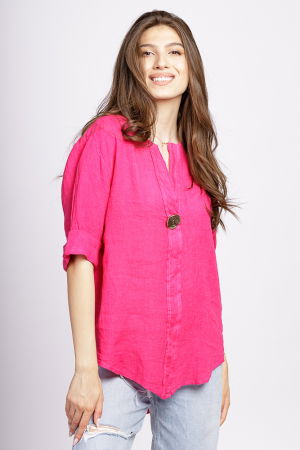 Bluze din In - Camasa fucsia din in cu nasture metalic decorativ