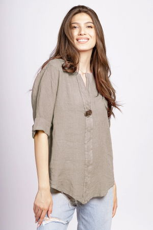 Cămăși din In - Camasa bej inchis din in cu nasture metalic decorativ