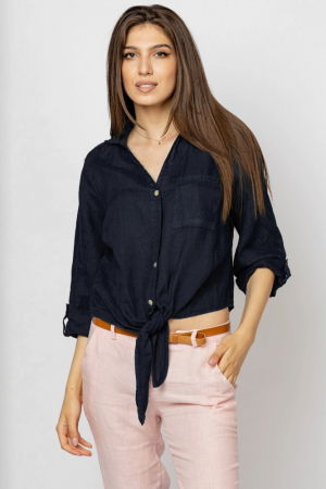 Îmbrăcăminte - Camasa bleumarin din in cu nod in fata