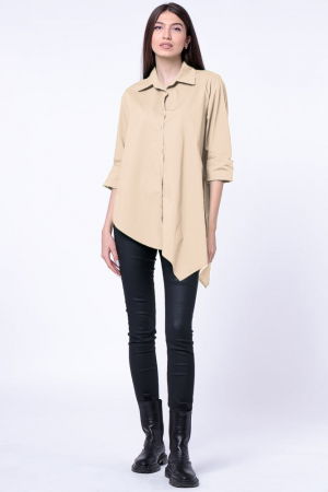 Bluze Casual - Camasa bej din poplin satinat de bumbac, cu un colt lateral