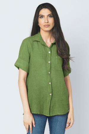 Îmbrăcăminte - Camasa clasica din in cu buzunar pe piept si maneca 3/4, verde oliv