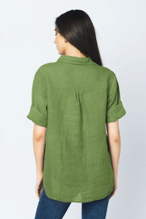 Camasa clasica din in cu buzunar pe piept si maneca 3/4, verde oliv [2]