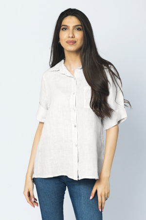 Îmbrăcăminte - Camasa clasica din in cu buzunar pe piept si maneca 3/4, alba