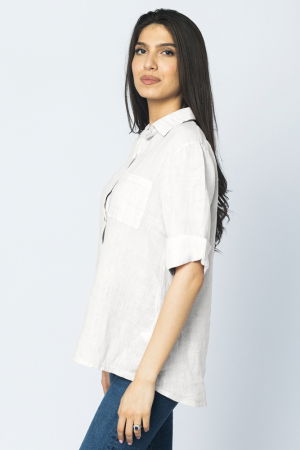 Camasa clasica din in cu buzunar pe piept si maneca 3/4, alba [1]