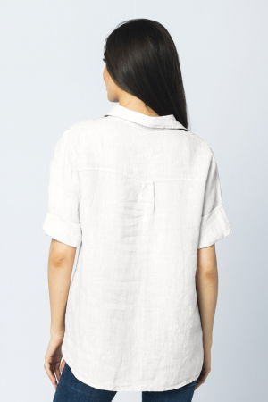 Camasa clasica din in cu buzunar pe piept si maneca 3/4, alba [2]