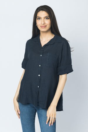 Îmbrăcăminte - Camasa clasica din in cu buzunar pe piept si maneca 3/4, bleumarin