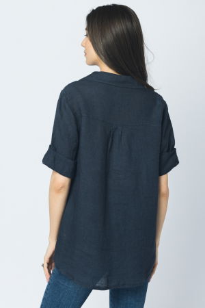 Camasa clasica din in cu buzunar pe piept si maneca 3/4, bleumarin [2]