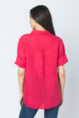 Camasa clasica din in cu buzunar pe piept si maneca 3/4, roz intens [2]