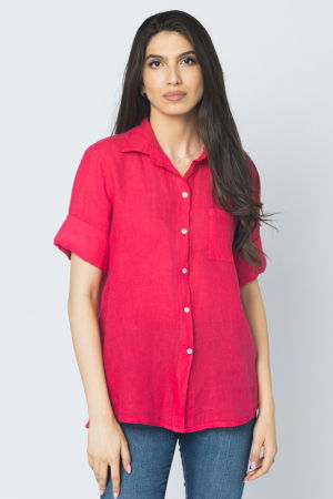 Îmbrăcăminte - Camasa clasica din in cu buzunar pe piept si maneca 3/4, roz intens