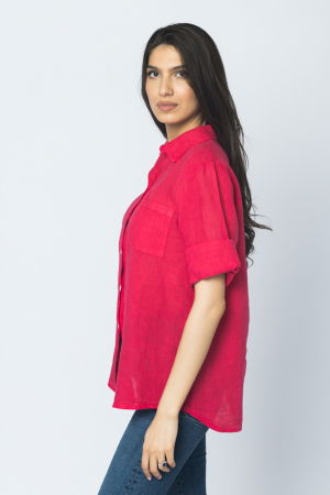 Camasa clasica din in cu buzunar pe piept si maneca 3/4, roz intens [1]