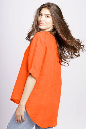 Camasa portocalie din in cu nasture metalic decorativ [2]
