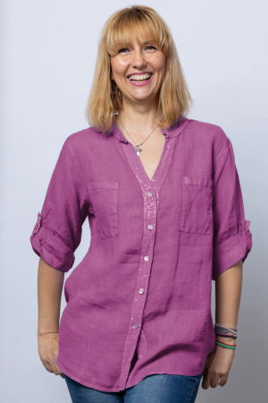 Cămăși din In - Camasa mov zmeura din in cu paiete si dantela pe spate