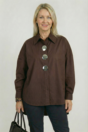 Bluze, Cămăși & Tricouri Plus Size - Camasa dama lejera din bumbac cu nasturi decorativi argintii metalici –maro