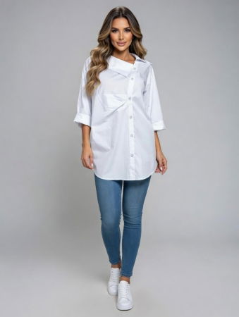 Bluze, Cămăși & Tricouri Plus Size - Camasa dama lejera din bumbac cu guler asimetric, alba