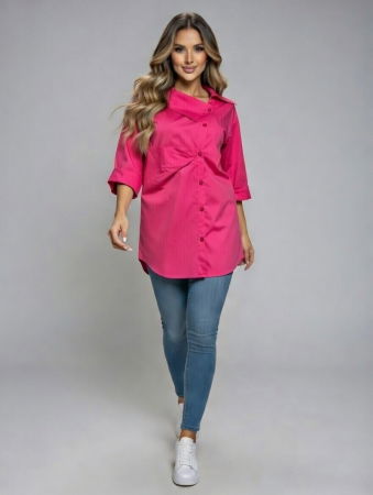 Bluze, Cămăși & Tricouri Plus Size - Camasa dama lejera din bumbac cu guler asimetric, fucsia
