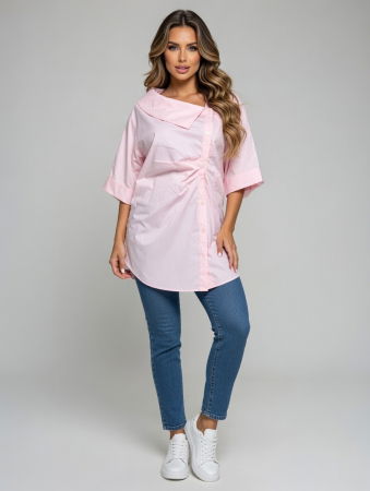 Bluze, Cămăși & Tricouri Plus Size - Camasa dama lejera din bumbac cu guler asimetric, roz prafuit