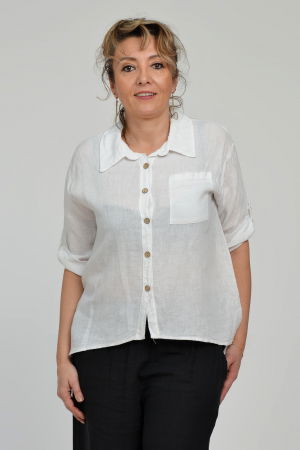 Camasa din in cu buzunar pe piept, alba [1]