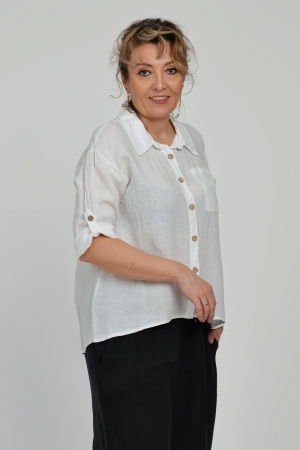 Camasa din in cu buzunar pe piept, alba [3]