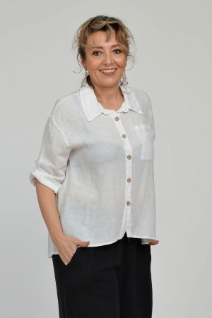 Camasa din in cu buzunar pe piept, alba [2]