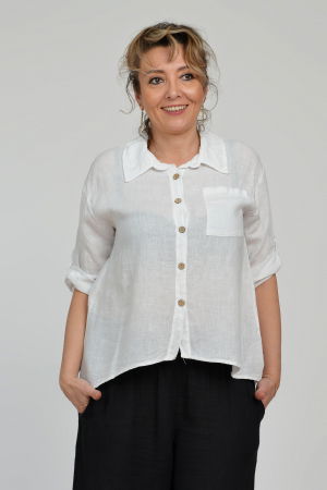 Cămăși din In - Camasa din in cu buzunar pe piept, alba