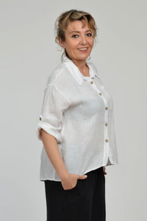 Camasa din in cu buzunar pe piept, alba [5]