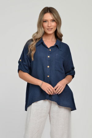 Cămăși din In - Camasa din in cu buzunar pe piept, bleumarin