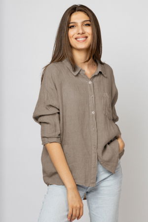 Cămăși din In - Camasa din in cu inel metalic pe spate Stella Milani, bej inchis