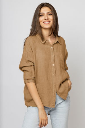 Cămăși din In - Camasa din in cu inel metalic pe spate Stella Milani, camel