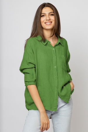 Cămăși din In - Camasa din in cu inel metalic pe spate Stella Milani, verde oliv