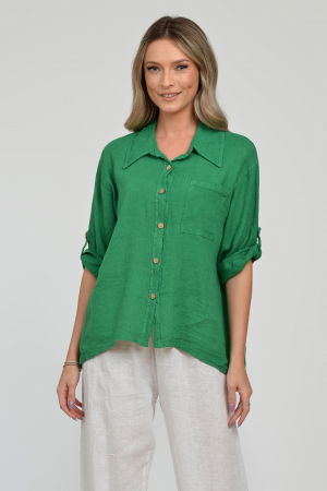 Cămăși din In - Camasa din in cu buzunar pe piept, verde